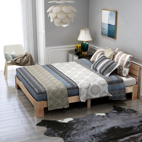 Rootz Double Bed with Headboard - Pine Wood Bed Frame - Natural Wood Bed - 144cm x 210cm x 67.5cm