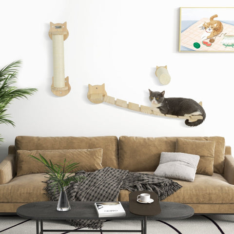 Rootz Wall Scratching Post Set - Cat Climbing Wall - Furniture Protector - Space-Saving Design - Pine Wood - Scratching Post 15.5x12.5x57.5cm, Ladder 91x22x15.5cm