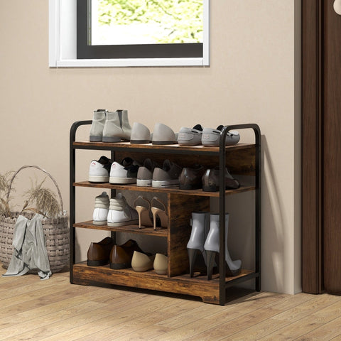 Rootz Industrial Shoe Rack - 4 Tier Shoe Stand - Wood Grain & Black Frame - Open Design - Holds 11 Pairs - Sturdy Steel Frame - 70cm x 30cm x 65cm