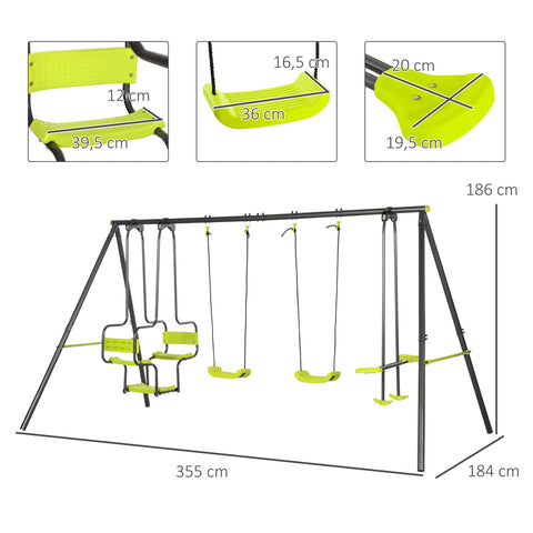 Rootz 4 Swing Set - Playground Set - Children’s Outdoor Playset - Corrosion-Resistant Metal - 3.55m x 1.84m x 1.86m