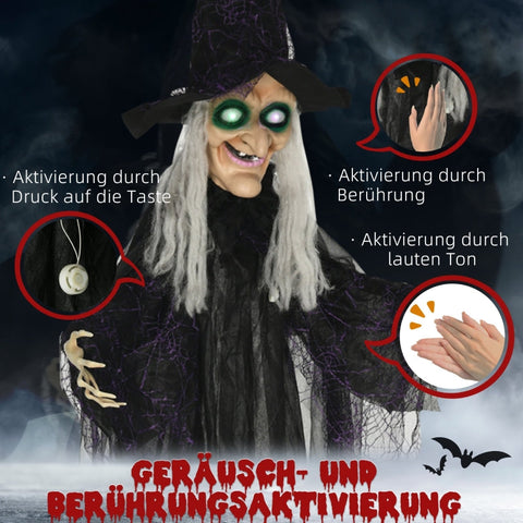 Rootz Halloween Witch Decoration - Spooky Witch Prop - Motion Sensor Activated - LED Eyes - Adjustable Arms - 130cm x 18cm x 183cm - Polyester, PE, Steel