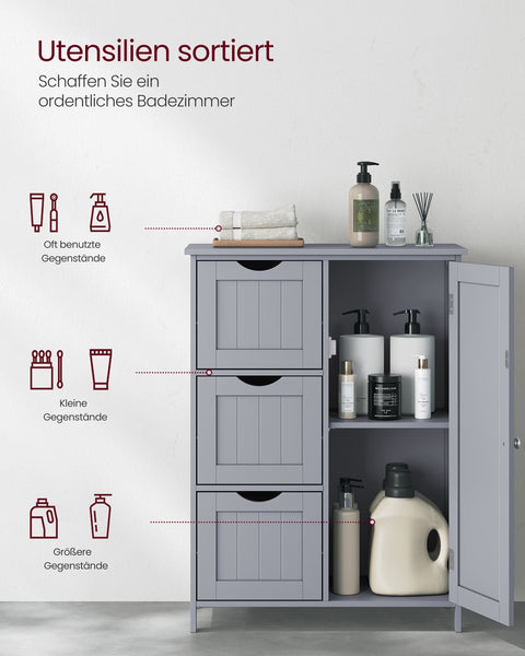 Rootz MDF Bathroom Cabinet - Dove Gray - Storage Organizer - Adjustable Shelf - 30cm x 60cm x 81cm. Weight: 14.2kg. Max load: 40kg top shelf, 5kg per drawer, 15kg adjustable shelf.