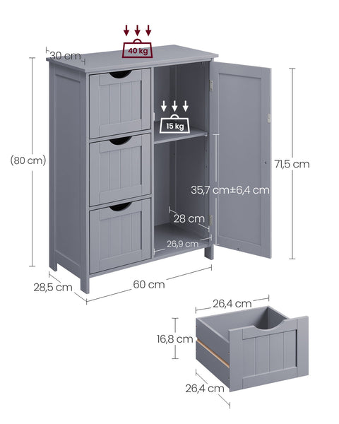 Rootz MDF Bathroom Cabinet - Dove Gray - Storage Organizer - Adjustable Shelf - 30cm x 60cm x 81cm. Weight: 14.2kg. Max load: 40kg top shelf, 5kg per drawer, 15kg adjustable shelf.