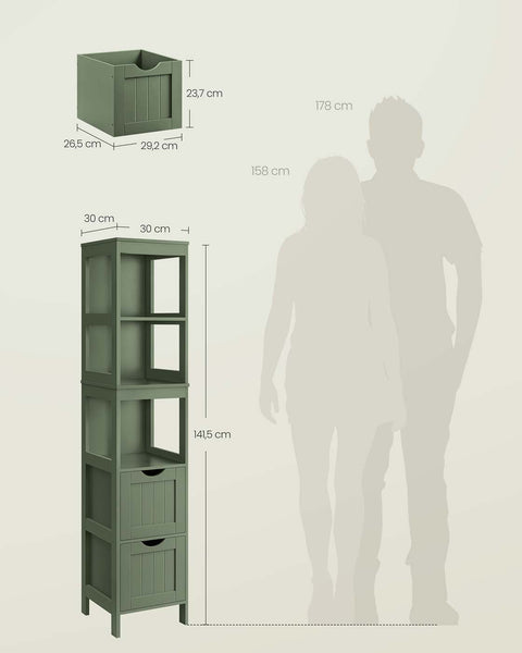 Rootz Bathroom Cabinet - Storage Organizer - MDF Cupboard - Space Saving - 30cm x 30cm x 141.5cm -Green
