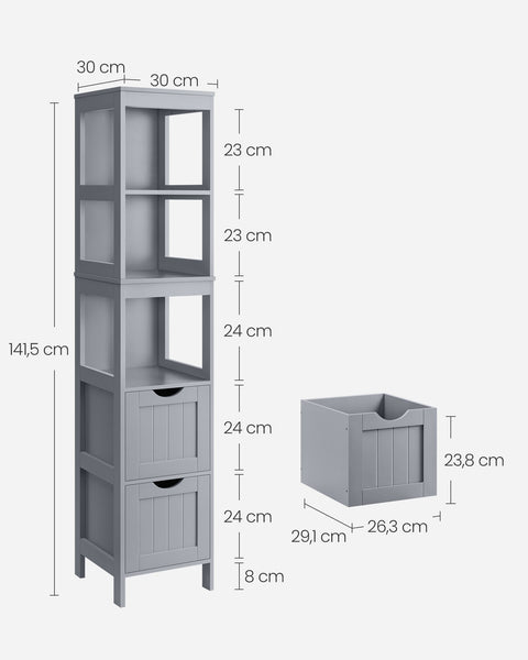 Rootz Tall Bathroom Cabinet - Narrow Standing - Dove Gray - MDF Material - 30cm x 30cm x 141.5cm - Weight 13.1kg