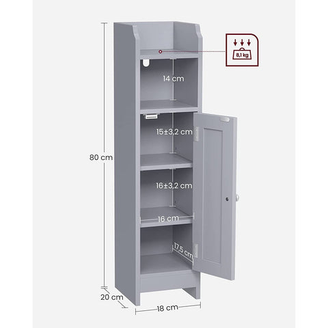 Rootz Narrow Bathroom Cabinet - Space-Saving Storage Unit - Grey MDF - Adjustable Shelves - 20cm x 18cm x 80cm
