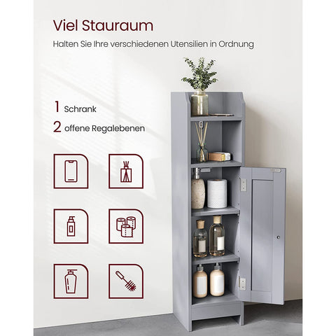 Rootz Narrow Bathroom Cabinet - Space-Saving Storage Unit - Grey MDF - Adjustable Shelves - 20cm x 18cm x 80cm