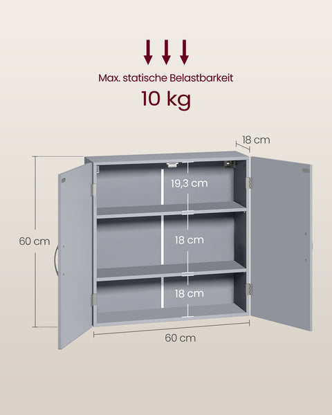 Rootz Bathroom Cabinet - Wall-mounted Cabinet - Adjustable Shelves - Space Saving - Grey - 18cm x 60cm x 60cm