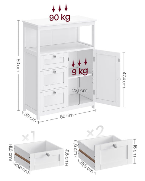 Rootz White Bathroom Cabinet - Storage Unit - MDF Furniture - Max Load 90kg - 30cm x 60cm x 80cm