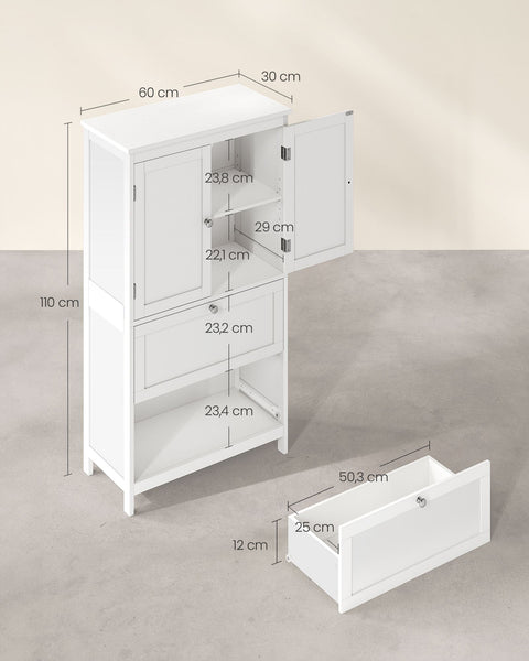 Rootz Classic White Bathroom Cabinet - Storage Unit - Organizer - MDF Material - Spacious Design - Easy Assembly - 30cm x 60cm x 110cm