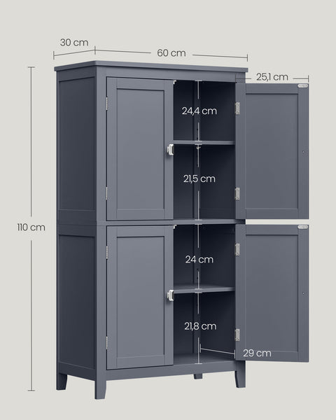 Rootz Bathroom Cabinet - Storage Unit - Organizer - Adjustable Shelves -  Grey MDF - 30cm x 60cm x 110cm
