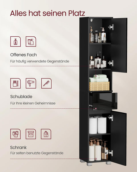 Rootz Tall Storage Unit - Black Cabinet - MDF Organizer - Space-Saving Design - 30cm x 30cm x 170cm
