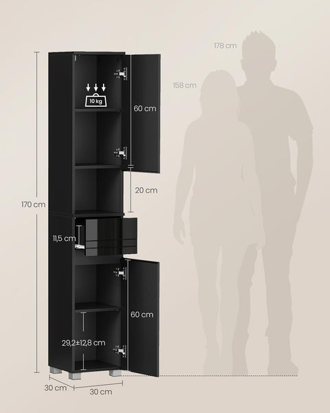 Rootz Tall Storage Unit - Black Cabinet - MDF Organizer - Space-Saving Design - 30cm x 30cm x 170cm