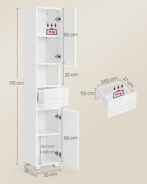 Rootz Classic White Bathroom Cabinet - Storage Unit - MDF Furniture - 10kg Load Capacity - 30cm x 30cm x 170cm