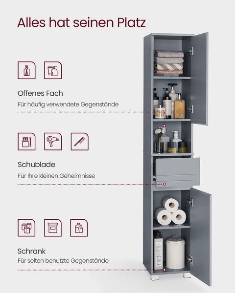 Rootz Mystic Gray Bathroom Cabinet - Storage Unit - Tall Cabinet - MDF Construction - Spacious Design - Easy Assembly - 30cm x 30cm x 170cm