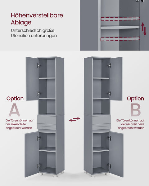 Rootz Mystical Grey Bathroom Cabinet - MDF Storage - Tall Cupboard - 30 x 30 x 170 cm - Organization Solution