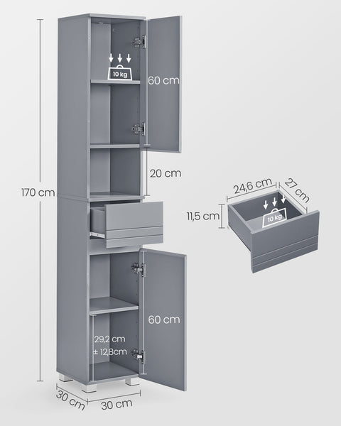 Rootz Mystic Gray Bathroom Cabinet - Storage Unit - Tall Cabinet - MDF Construction - Spacious Design - Easy Assembly - 30cm x 30cm x 170cm