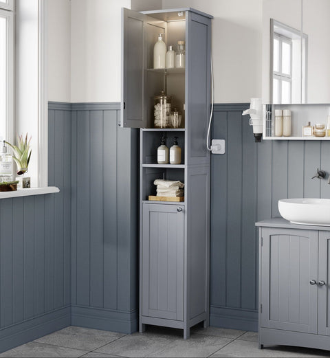 Rootz Bathroom Cabinet - Storage Unit -  Grey - MDF Construction - Built-in Lighting - 30cm x 30cm x 170cm