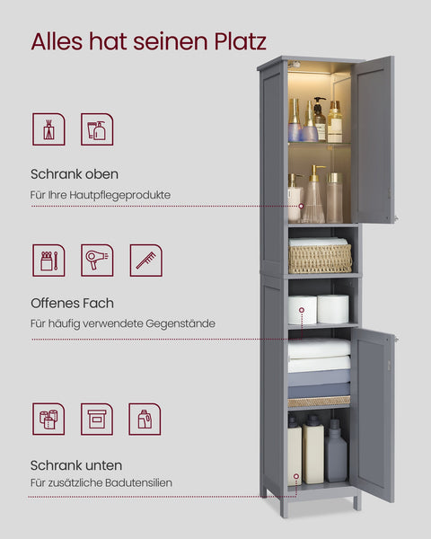 Rootz Bathroom Cabinet - Storage Unit -  Grey - MDF Construction - Built-in Lighting - 30cm x 30cm x 170cm