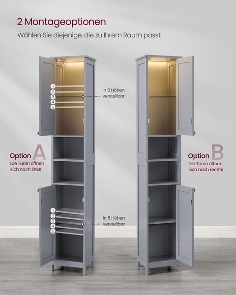 Rootz Dove Gray Bathroom Cabinet - Storage Organizer - MDF Furniture - Adjustable Shelves - 30cm x 30cm x 170cm