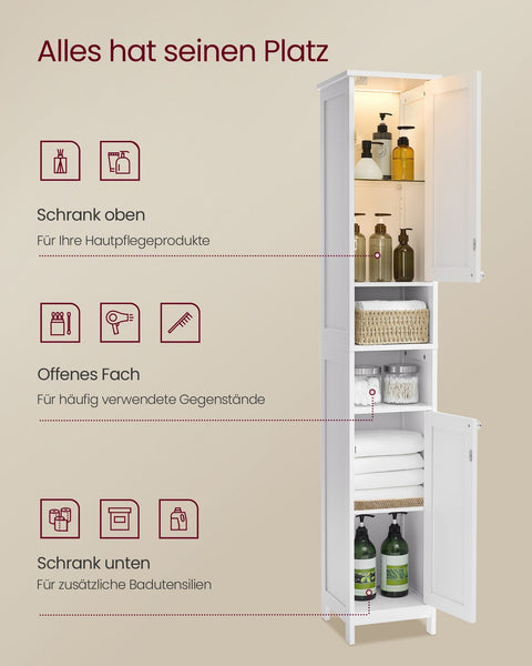 Rootz Bathroom Cabinet - Storage Organizer - Tall Cabinet - MDF - Cloud White - 30cm x 30cm x 170cm - Adjustable Shelves - Anti-Tip - 60kg Capacity