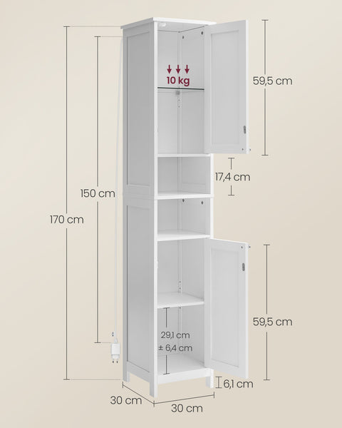 Rootz Bathroom Cabinet - Storage Cupboard - Lighting Cabinet - Cloud White Finish - MDF Material - 30cm x 30cm x 170cm