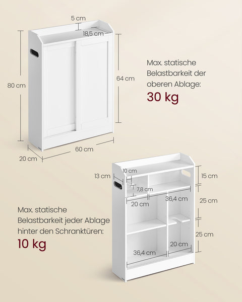 Rootz Bathroom Cabinet - Storage Unit - Adjustable Shelves - Space-Saving - 20cm x 60cm x 80cm -  White