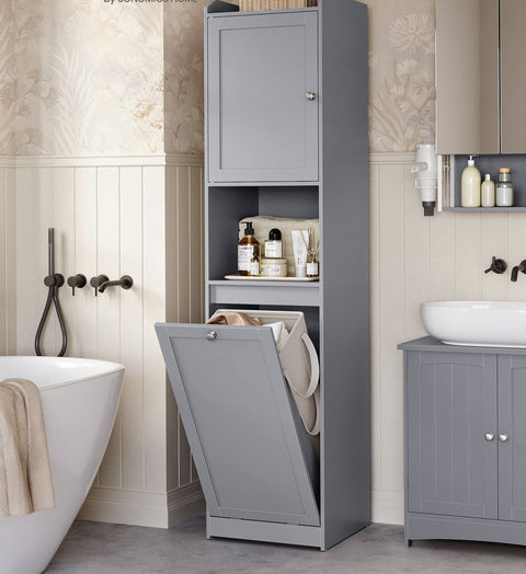 Rootz Bathroom Cabinet with Laundry Basket - Dove Gray - MDF Polyester Fabric - Handles - 40cm x 40cm x 170cm - 24kg - 20kg Capacity