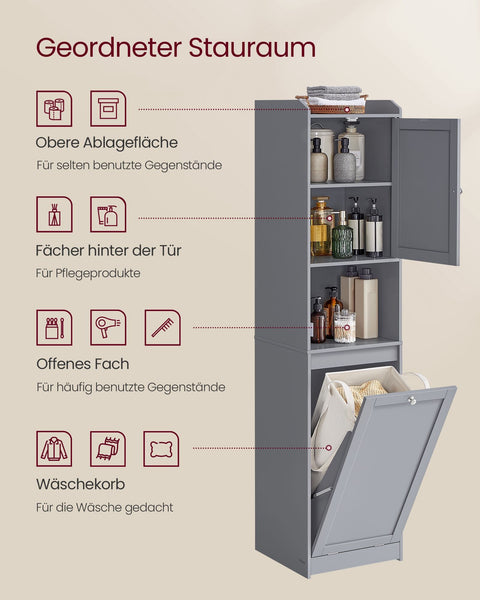 Rootz Bathroom Cabinet with Laundry Basket - Dove Gray - MDF Polyester Fabric - Handles - 40cm x 40cm x 170cm - 24kg - 20kg Capacity