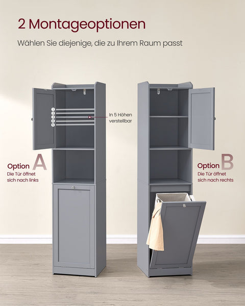 Rootz Bathroom Cabinet with Laundry Basket - Dove Gray - MDF Polyester Fabric - Handles - 40cm x 40cm x 170cm - 24kg - 20kg Capacity