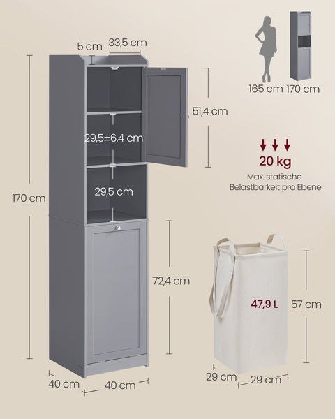Rootz Bathroom Cabinet with Laundry Basket and Handles - Dove Gray Storage Unit - MDF Polyester Fabric - 40cm x 40cm x 170cm, 24kg. Static Load Capacity 20kg.