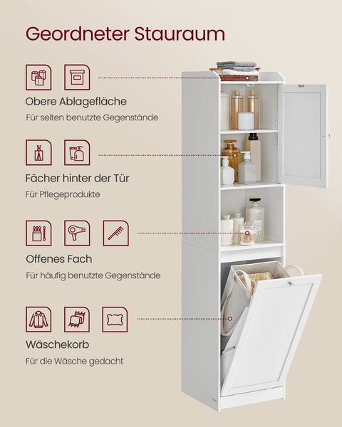Rootz Bathroom Cabinet with Laundry Basket - Storage Organizer - MDF Shelving Unit - Space Saving - 40 x 40 x 170 cm