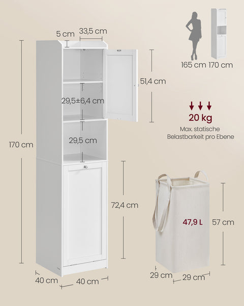 Rootz Bathroom Cabinet with Laundry Basket - MDF Storage - Polyester Fabric - Cloud White - 40cm x 40cm x 170cm - Static Load 20kg