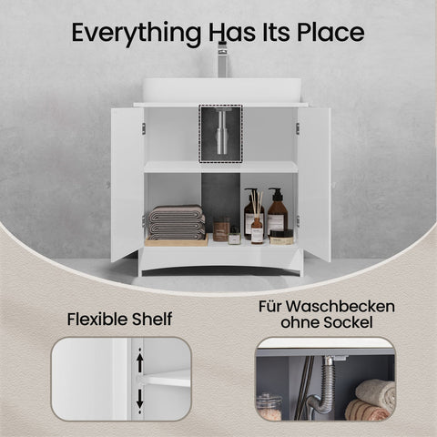 Rootz Sink Cabinet - Vanity Unit - Base Cabinet - Compact Storage - MDF White - 60cm x 60cm x 30cm