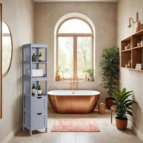 Rootz Free-Standing Bathroom Cabinet - Bathroom Furniture -  Grey MDF - Stable 141.5cm x 30cm x 30cm