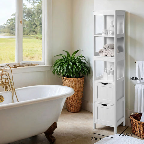 Rootz Tall Bathroom Cabinet - Free-standing Storage Cabinet - Elegant Bathroom Furniture - Narrow Design for Space Saving - 30 x 30 x 141.5 cm