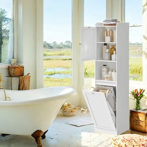 Rootz Bathroom Cabinet - Storage Unit - Laundry Basket - Maximum Durability -White - 40 x 40 x 170 cm