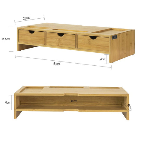 Rootz Verstelbare Bamboe Monitorstandaard - Dubbele Monitorverhoger - Bureau-organizer met Laden - Draaibare Zijkanten - Kabelbeheer - 60-108cm x 11cm x 22cm