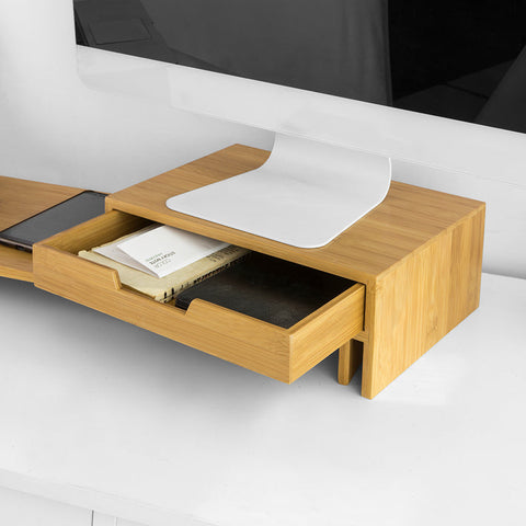 Rootz Verstelbare Bamboe Monitorstandaard - Dubbele Monitorverhoger - Bureau-organizer met Laden - Draaibare Zijkanten - Kabelbeheer - 60-108cm x 11cm x 22cm