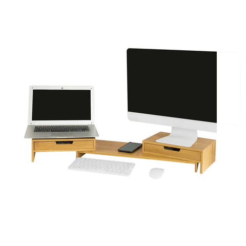 Rootz Verstelbare Bamboe Monitorstandaard - Dubbele Monitorverhoger - Bureau-organizer met Laden - Draaibare Zijkanten - Kabelbeheer - 60-108cm x 11cm x 22cm