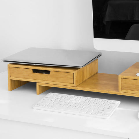 Rootz Verstelbare Bamboe Monitorstandaard - Dubbele Monitorverhoger - Bureau-organizer met Laden - Draaibare Zijkanten - Kabelbeheer - 60-108cm x 11cm x 22cm