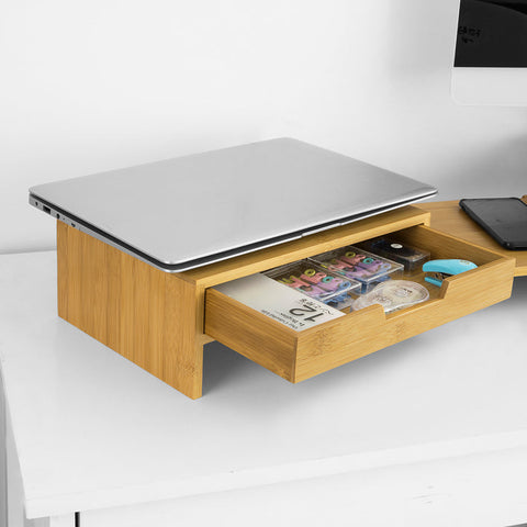 Rootz Verstelbare Bamboe Monitorstandaard - Dubbele Monitorverhoger - Bureau-organizer met Laden - Draaibare Zijkanten - Kabelbeheer - 60-108cm x 11cm x 22cm