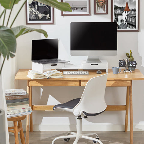 Rootz Verstelbare Bamboe Monitorstandaard - Dubbele Monitorverhoger - Bureau-organizer met Laden - Draaibare Zijkanten - Kabelbeheer - Verlichting van Nekpijn - 60-107cm x 11cm x 22cm