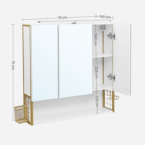 Rootz Mirror Cabinet - Spiegelschrank - Reflective Storage - Illuminated - 70cm x 14.5cm x 70cm - Elegant White Gold Finish