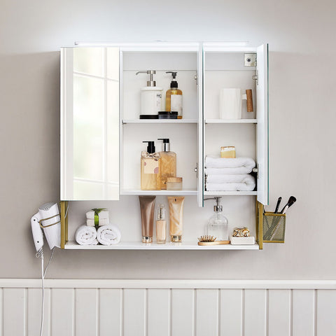Rootz Mirror Cabinet - Spiegelschrank - Reflective Storage - Illuminated - 70cm x 14.5cm x 70cm - Elegant White Gold Finish
