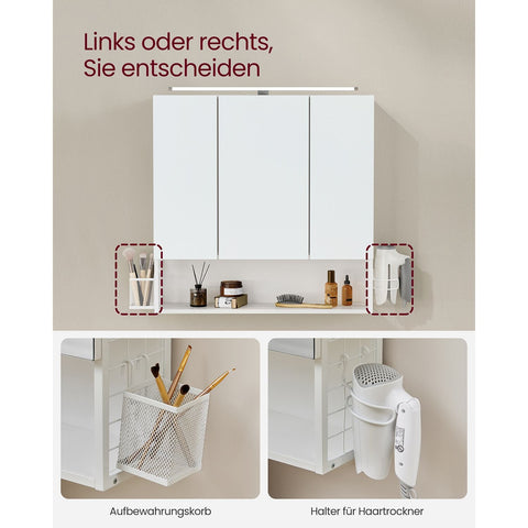 Rootz White Bathroom Cabinet - Storage Organiser - Side Table - Chipboard Steel Glass - 14.5cm x 70cm x 70cm - Hair Dryer Holder