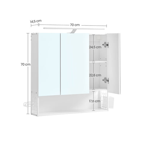 Rootz White Bathroom Cabinet - Storage Organiser - Side Table - Chipboard Steel Glass - 14.5cm x 70cm x 70cm - Hair Dryer Holder