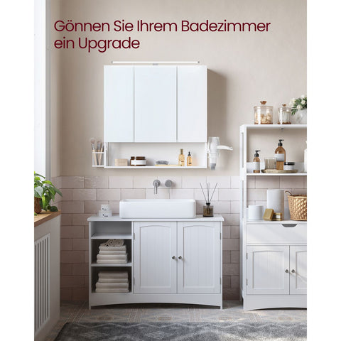 Rootz White Bathroom Cabinet - Storage Organiser - Side Table - Chipboard Steel Glass - 14.5cm x 70cm x 70cm - Hair Dryer Holder