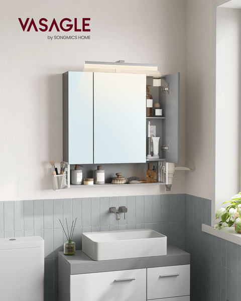 Rootz Bathroom Cabinet - Storage Unit - Organizer - Chipboard MDF Metal Glass Mirror - 16.5cm x 70cm x 75cm - Cloud White Dove Gray - 20kg Capacity