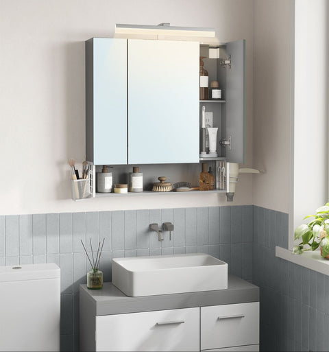 Rootz Bathroom Cabinet - Vanity Storage - Mirror Cabinet - Built-in Sockets - 16.5 x 70 x 75 cm - White - Grey
